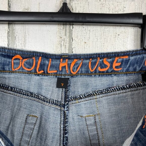 Dollhouse denim shorts cut off distressed embroidery boho rock & roll blue sz 7 - Picture 6 of 11